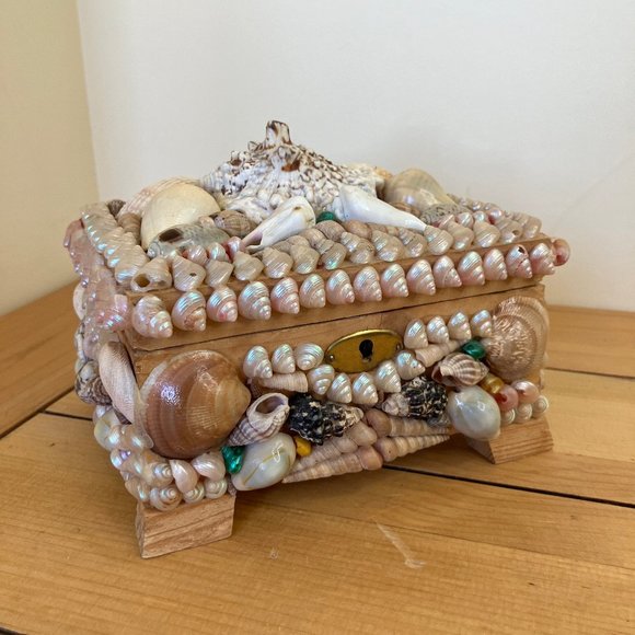 Sea Shell Wood Trinket Box Vintage Ocean Mermaid Treasure Jewelry Chest 6" long - Picture 5 of 9